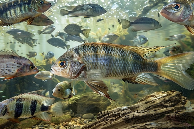 Fische schwimmen in einem schmutzigen Aquarium