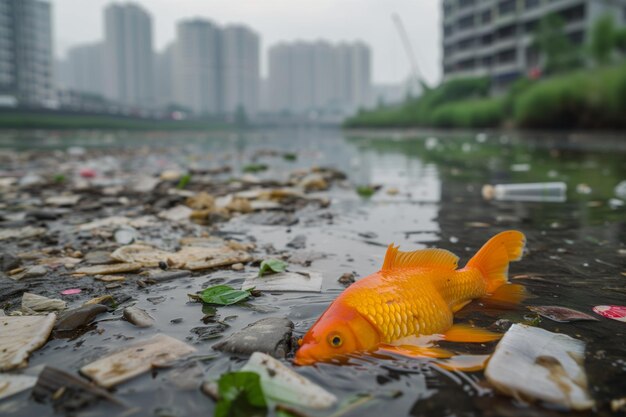 Foto fische schwimmen in einem verschmutzten fluss, bedeckt mit wunden.