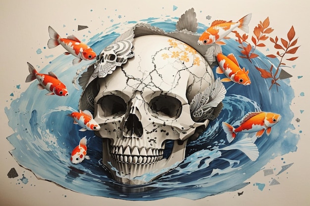 Fische schwimmen um einen Schädel in einem gemalten Kunstwerk