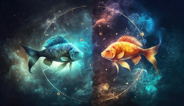 Fische Sternzeichen vor Weltraumnebel Hintergrund Astrologie-Kalender Esoterisches Horoskop und Wahrsagen Konzept Erstellt mit generativer KI