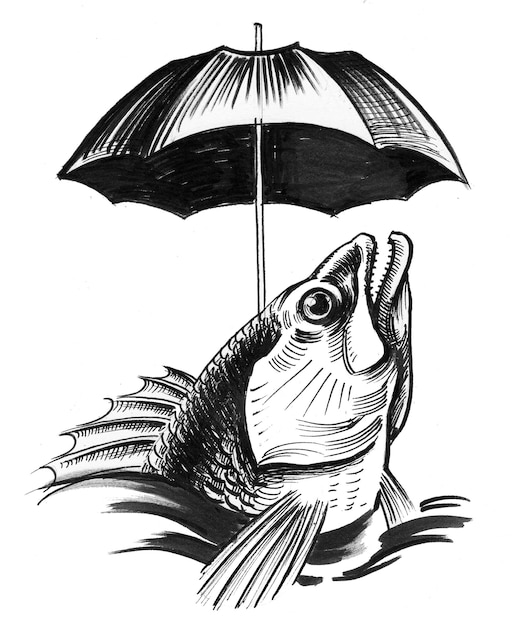 Fischen Sie unter Regenschirm. Tinte Schwarz-Weiß-Zeichnung