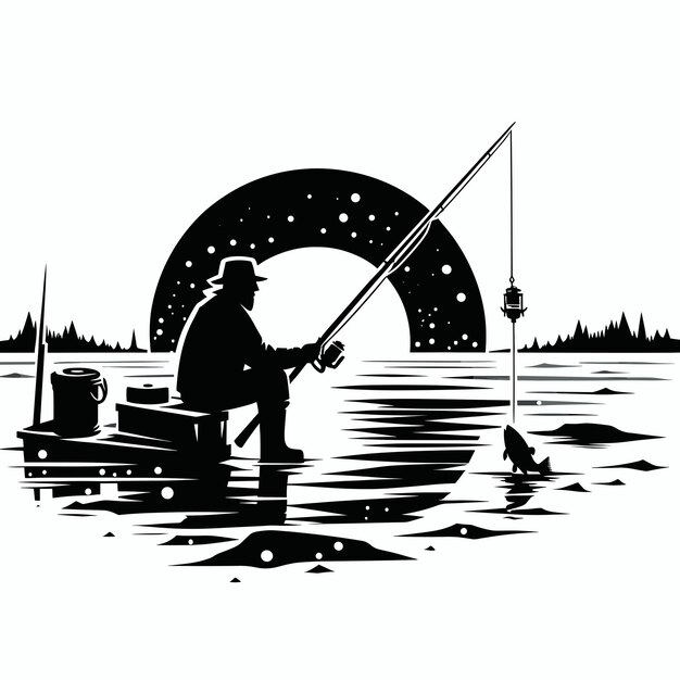 Fischer mit einer Stange auf dem See Vektor-Illustration Fischerei Silhouette Ikonen