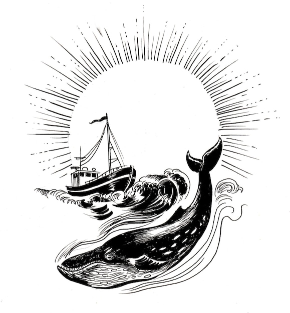 Fischerboot und Wal. Tinte Schwarz-Weiß-Zeichnung