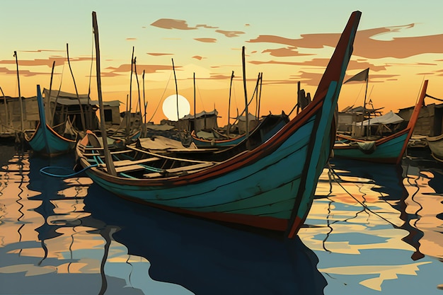 Fischerboote im Meer bei Sonnenuntergang rendern Illustration