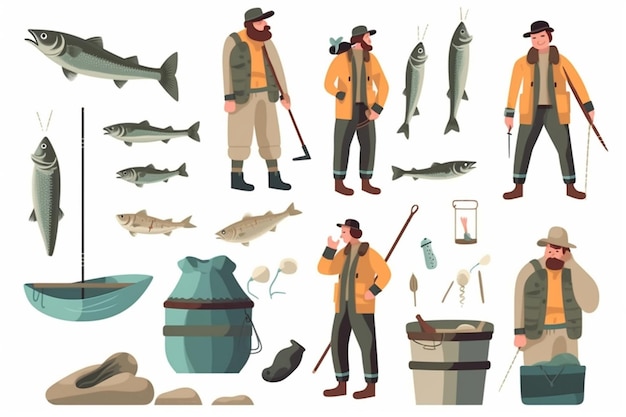 Fischerei-Leute-Fisch-und Werkzeug-Ikonen eingestellt