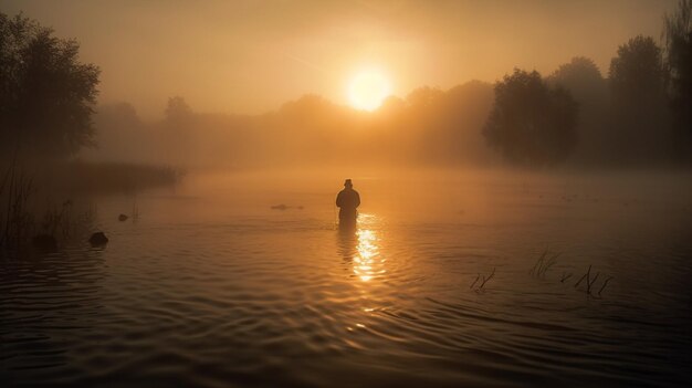 Fischerfischen bei nebligem Sonnenaufgang