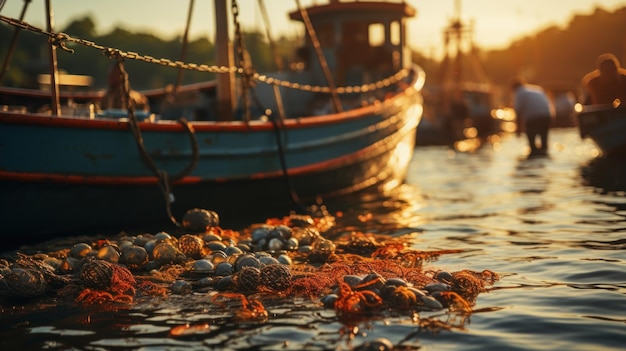 Fischerschiffe im Hafen bei Sonnenuntergang, flache Feldtiefe