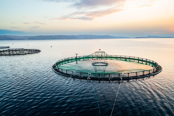 Fischfarm bei Sonnenaufgang mit kreisförmigen Netzen in ruhigen Gewässern und entfernten Bergen im Hintergrund