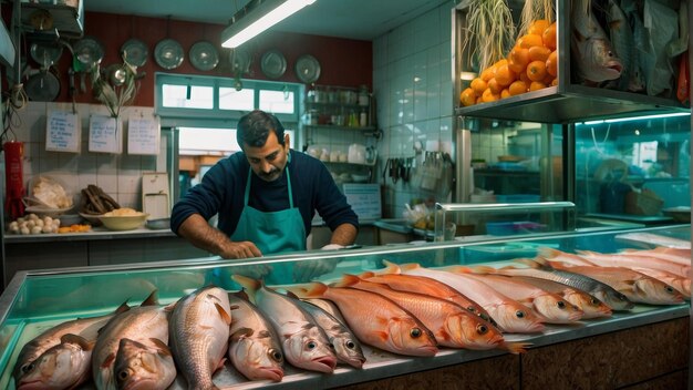Fischhändler bereitet Meeresfrüchte hinter einer Glasplatte auf einem Markt vor