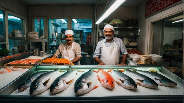 Fischhändler bereitet Meeresfrüchte hinter einer Glasplatte auf einem Markt vor