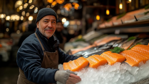 Foto fischhändler mit frischfischmarkt gesundes meeresfrüchte-konzept für design und lebensstil