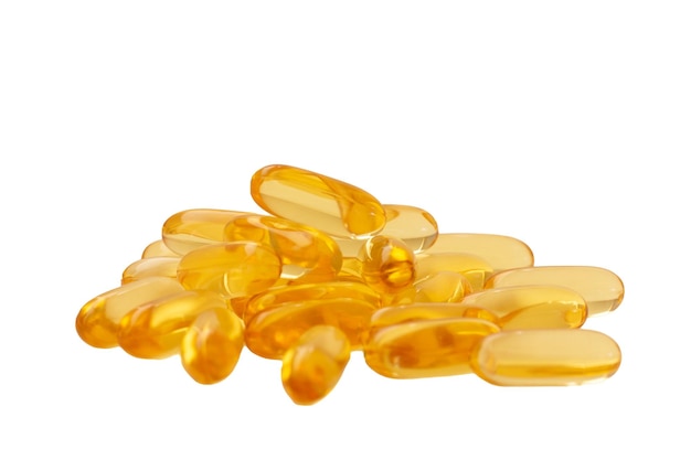 Foto fischöl-omega-3- und vitamin-d-kapseln auf weißem hintergrundisolatr