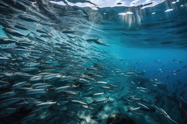 Fischschwarm schwimmt im kristallklaren Meerwasser, erstellt mit generativer KI