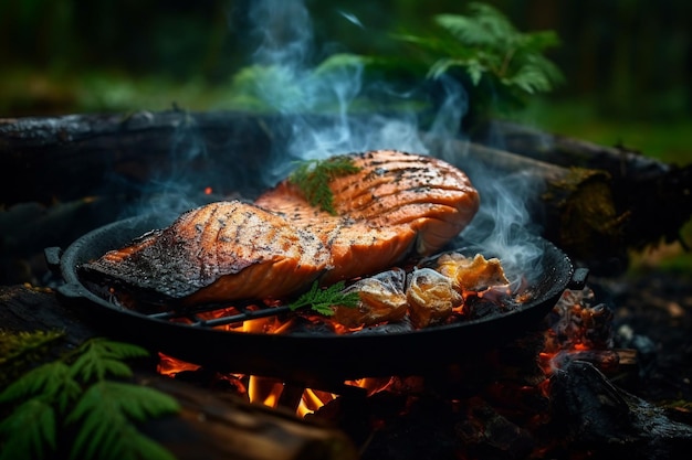 Fischsteak wird in der Natur gegrillt