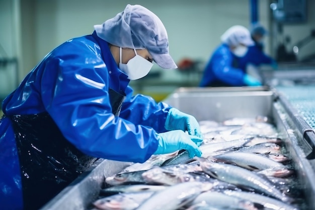 Fischverarbeitungsanlage Produktionslinie Menschen sortieren die Fische, die sich entlang des Förderbands bewegen. Sortieren und Zubereiten von Fisch. Produktion von Fischkonserven in der modernen Lebensmittelindustrie