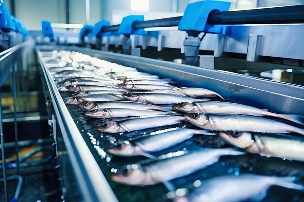 Fischverarbeitungsanlage Produktionslinie Roher Seefisch auf einem Fabrikförderband Produktion von Fischkonserven in der modernen Lebensmittelindustrie