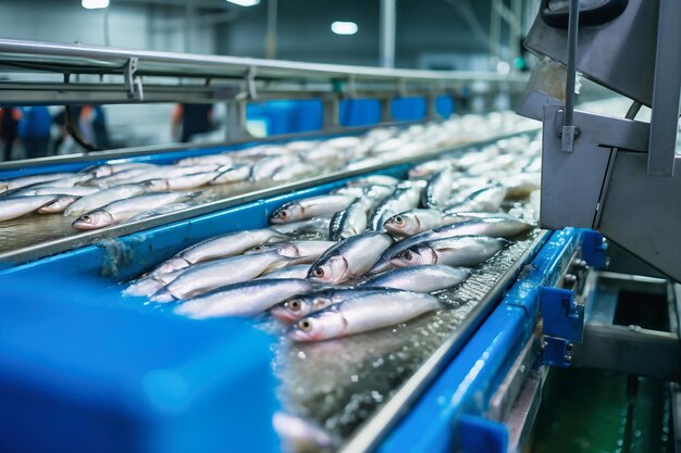 Fischverarbeitungsanlage Produktionslinie Roher Seefisch auf einem Fabrikförderband Produktion von Fischkonserven in der modernen Lebensmittelindustrie