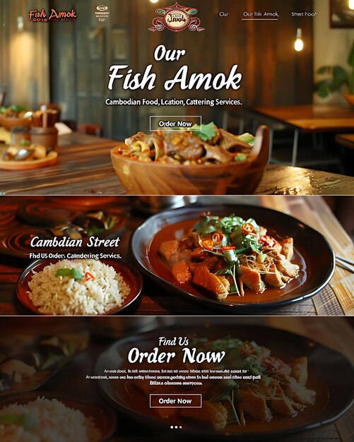 Fish Amok con efecto de animación en el aire Tono rústico de tierra Web Alimentación asiática Idea de diseño de diseño de sitio web