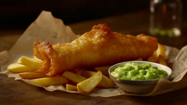 Fish and Chips britânico clássico com purê de ervilhas e molho tártaro em papel amassado