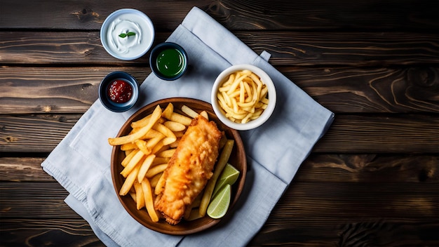 Fish and chips en una mesa de madera IA generativa