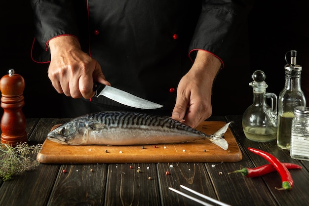 Fish Chef kocht Scomber oder Makrele in der Küche Das Konzept des Kochens von Fischgerichten für ein Restaurant oder Hotel Messer in der Hand des Kochs