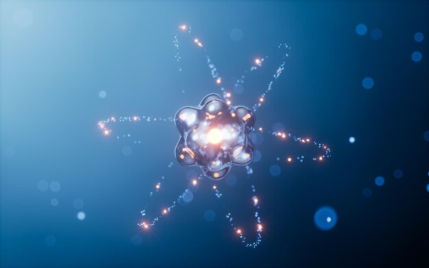 Física atómica con fondo azul oscuro renderización en 3D
