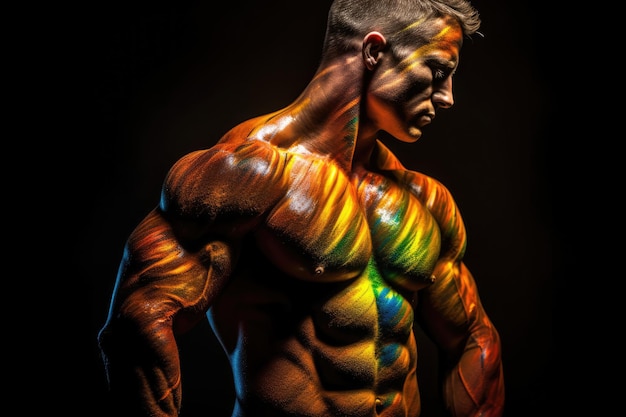 Fisiculturista esportivo está posando na luz neon colorida com torso musculoso nu mostrando ches