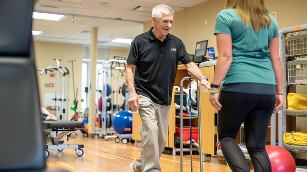 Fisioterapeuta a ajudar um homem idoso a andar durante a reabilitação