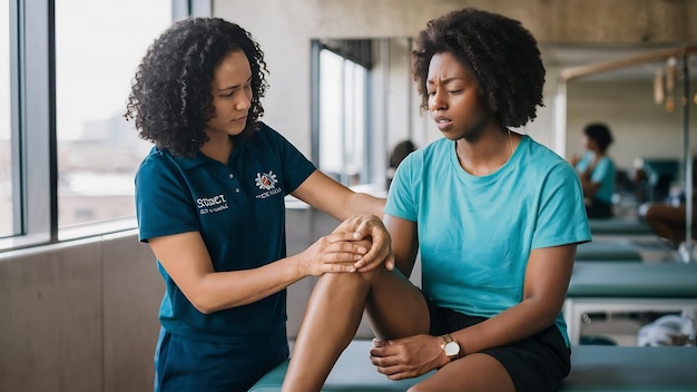 Fisioterapeuta aplicando una compresa fría en la rodilla del paciente para reducir el dolor