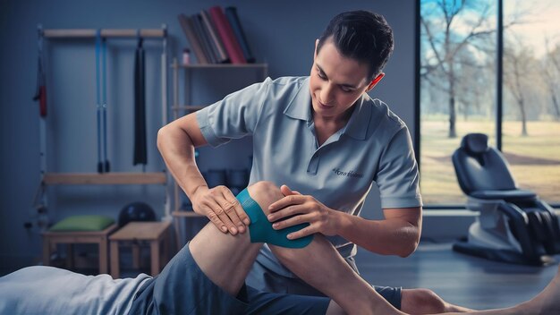 Foto fisioterapeuta aplicando fita kinesio no joelho do paciente masculino