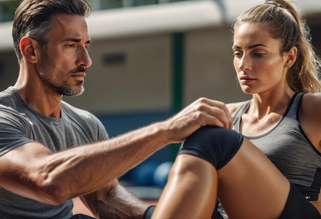 Fisioterapeuta assistindo um paciente com um exercício destaca o apoio aos cuidados de saúde e o apoio físico