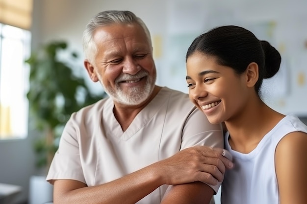 Fisioterapeuta feminina diversificada sorridente tratando braço de paciente sênior do sexo masculino