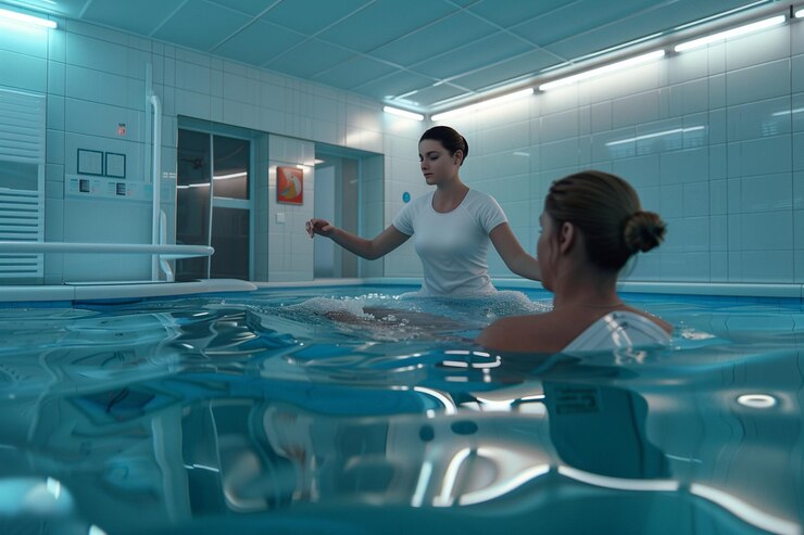 Foto fisioterapeuta guiando um paciente através do aquat