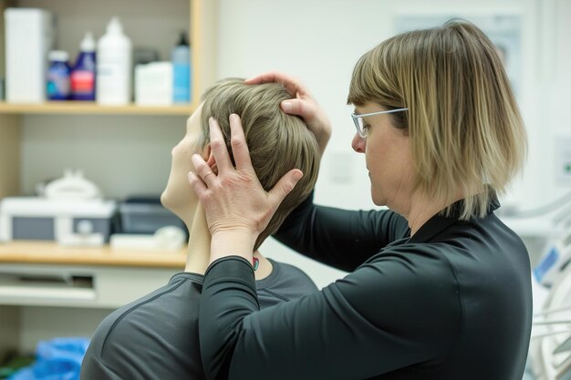 Un fisioterapeuta usa sus pulgares para amasar los músculos del cuello y los hombros de un cliente proporcionando