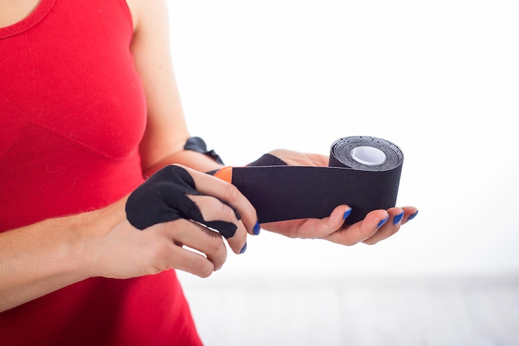 Foto fisioterapia para una muñeca enferma medicina alternativa cinta adhesiva para atletas con lesiones soporte para un dedo lesionado las manos femeninas sobre un fondo blanco sostienen un rollo de kinesiotape