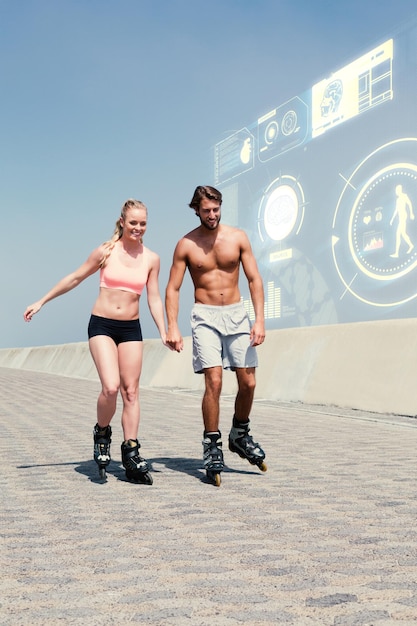 Fit casal de patins no passeio contra a interface de fitness