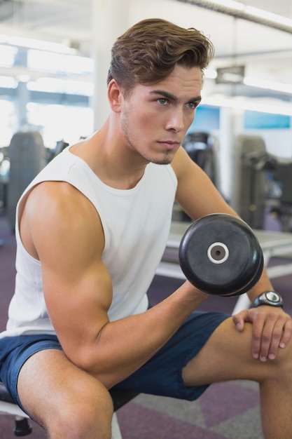 Fit homem levantando dumbbells sentado no banco