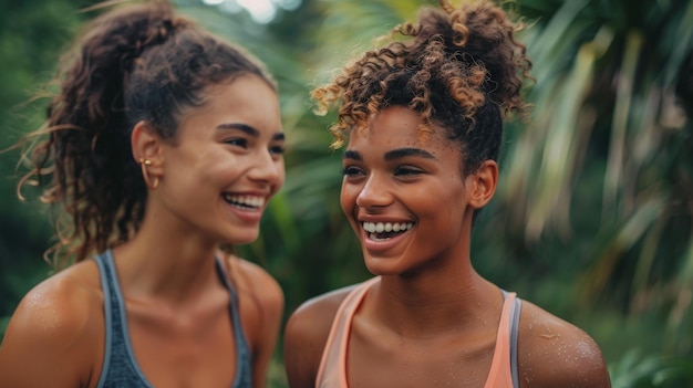 Fit junge Frauen lachen und feiern nach einer erfolgreichen Trainingssitzung Generative KI