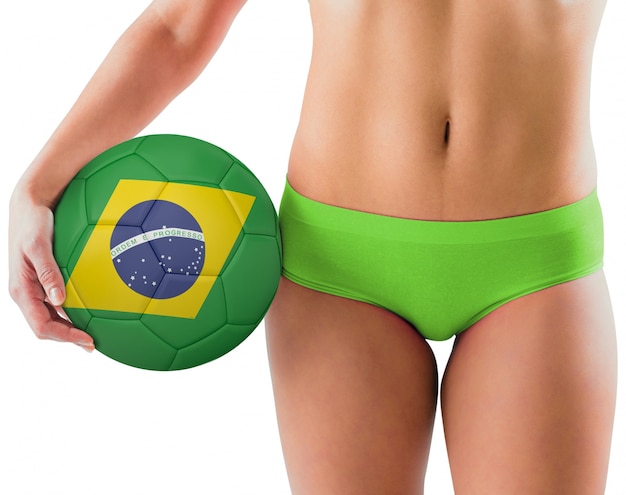 Fit, menina, verde, biquíni, segurando, brasil, futebol