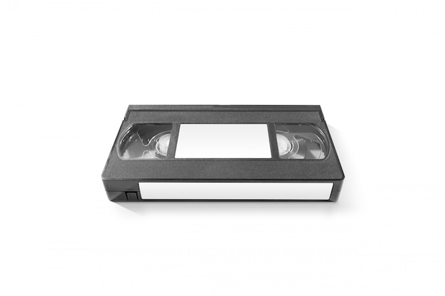 Fita cassete de vídeo em branco com adesivos brancos, isolados