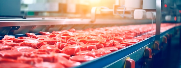 Fita de carne nos produtos da indústria alimentícia prontos para embalagem automática Conceito com produção automatizada de alimentos IA generativa