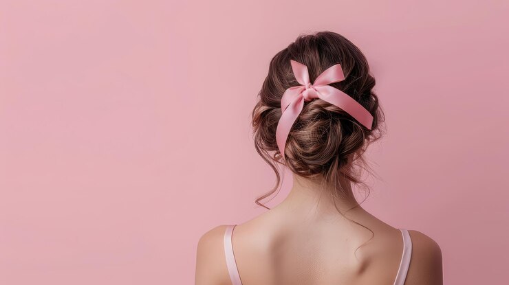 Foto fita de cetim no cabelo de uma mulher foco seletivo