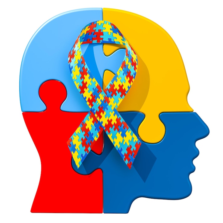 Foto fita de conscientização sobre o autismo na cabeça humana de quebra-cabeças em 3d