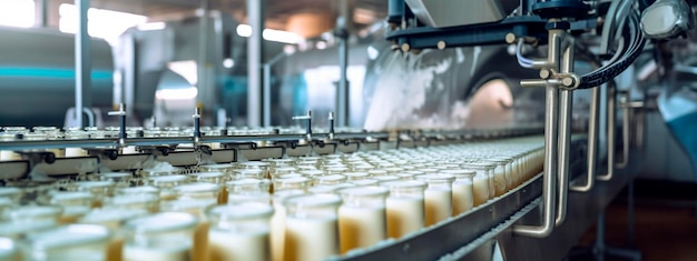 Fita de leite em produtos da indústria alimentícia prontos para embalagem automática Conceito com produção automatizada de alimentos IA generativa