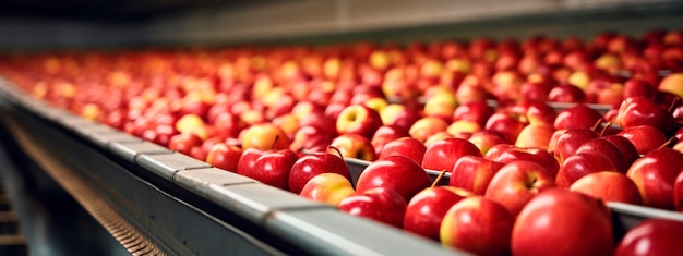 Fita de maçãs nos produtos da indústria alimentícia prontos para embalagem automática Conceito com produção automatizada de alimentos IA generativa