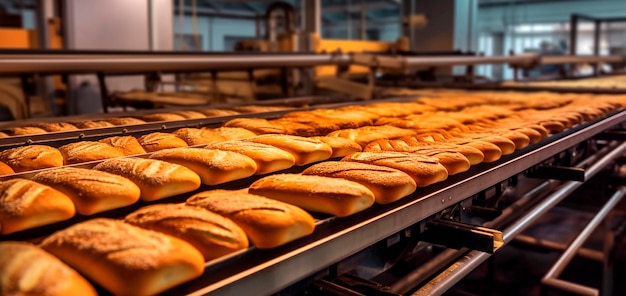 Foto fita de panificação de pão nos produtos da indústria alimentícia prontos para embalagem automática conceito com produção automatizada de alimentos ia generativa