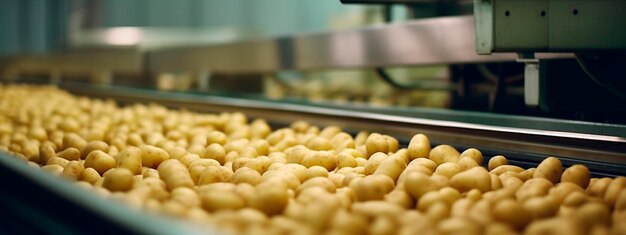 Fita de vegetais de batata na indústria de alimentos produtos prontos para embalagem automática Conceito com produção automatizada de alimentos IA generativa