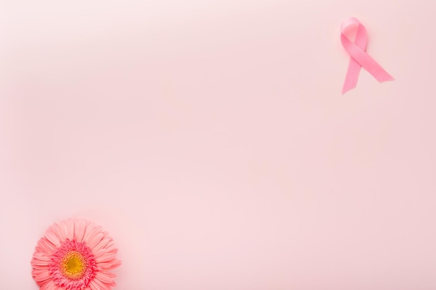 Foto fita rosa de conscientização do câncer de mama gerbera e fita rosa em fundos conscientização do câncer de mama e outubro dia rosa dia mundial do câncer vista superior mock up