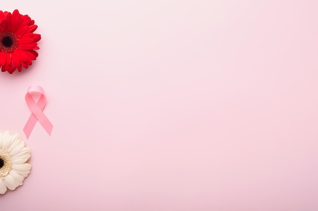 Fita rosa de conscientização do câncer de mama Gérbera vermelha e branca e fita rosa em fundos Conscientização do câncer de mama e outubro Dia rosa dia mundial do câncer Vista superior Mock up