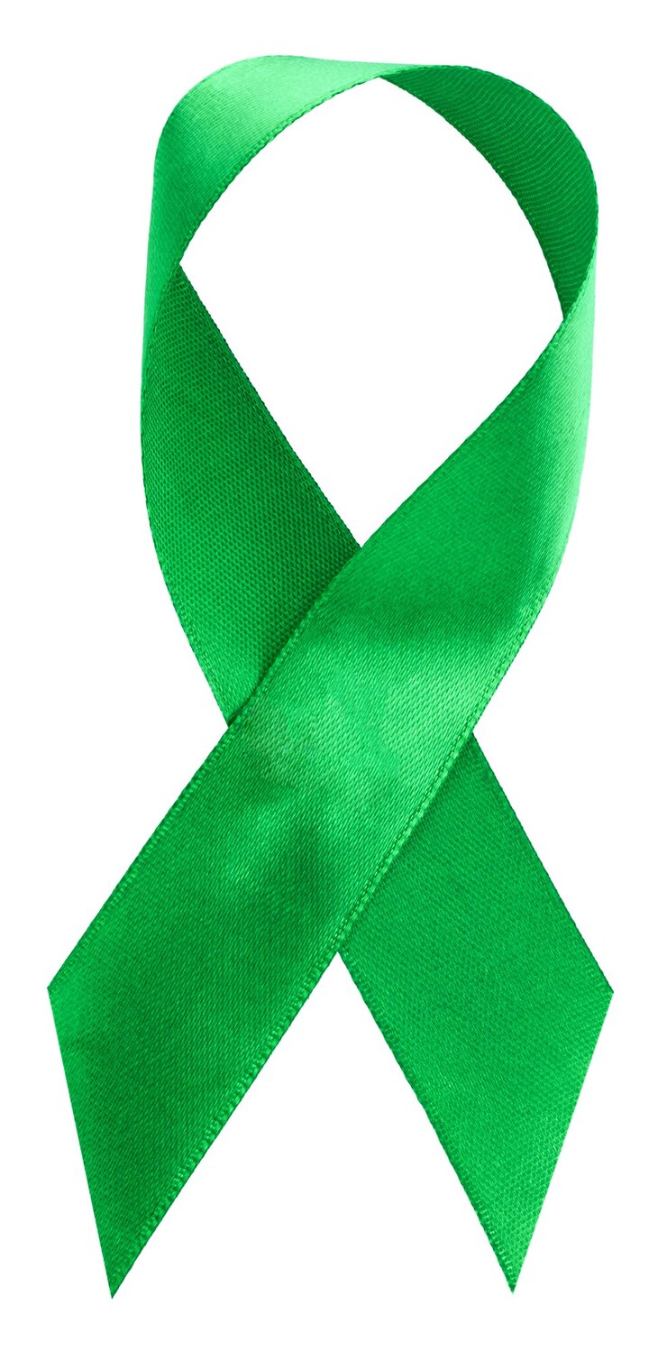 Fita verde. Escoliose, saúde mental e outros, símbolo de consciência isolado no branco